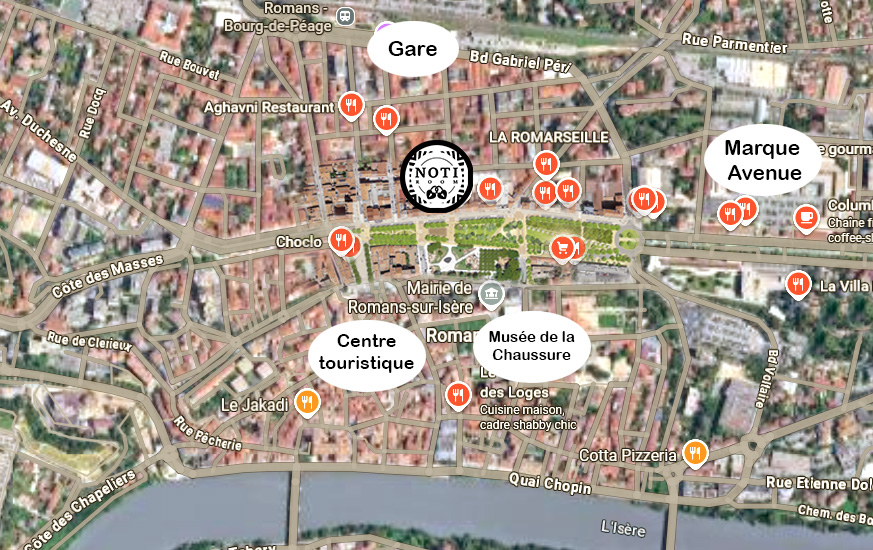 Plan de localisation de NOTI ROOM au centre de Romans-sur-Isère, près de la gare, de Marques Avenue et des restaurants